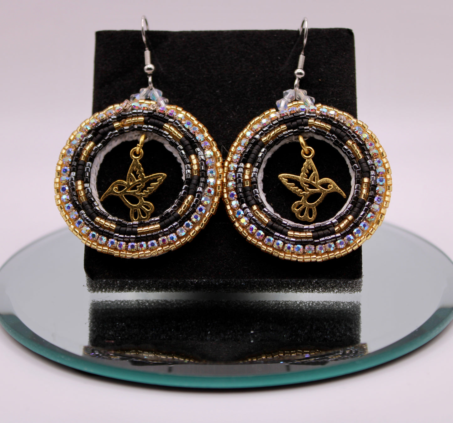 Beaded Earrings - Black and Gold Hummingbird